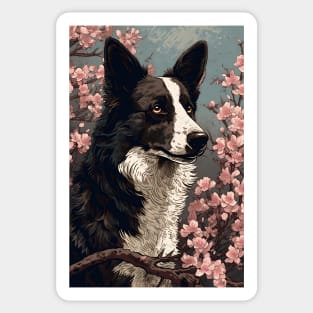 Border Collie and Cherry Blossoms - Japanese Ukiyo-e Painting Sticker